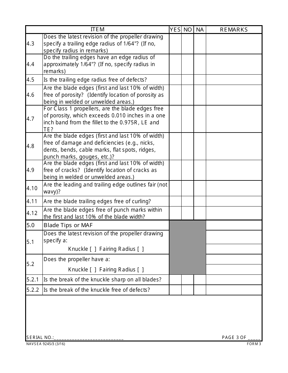 Form NAVSEA9245 / 3 Propeller Visual Technical Inspection Report, Page 3