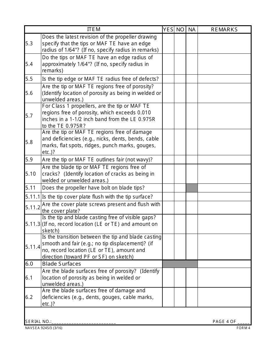 Form NAVSEA9245 / 3 Propeller Visual Technical Inspection Report, Page 4