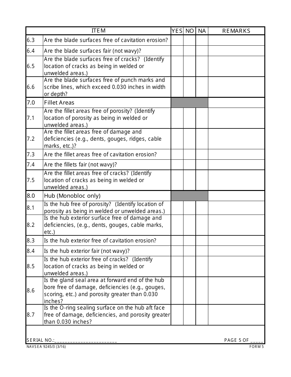 Form NAVSEA9245 / 3 Propeller Visual Technical Inspection Report, Page 5