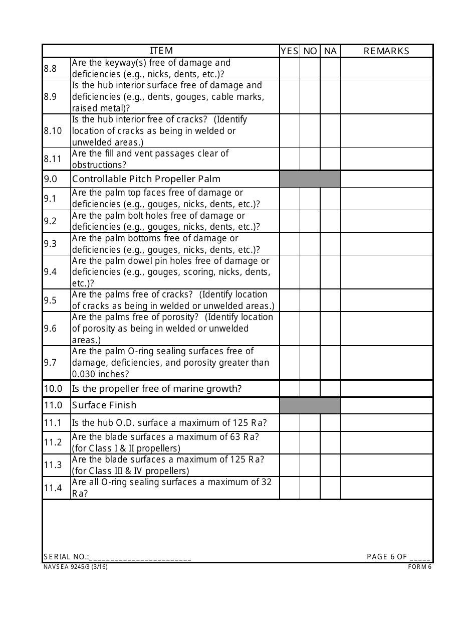 Form NAVSEA9245 / 3 Propeller Visual Technical Inspection Report, Page 6