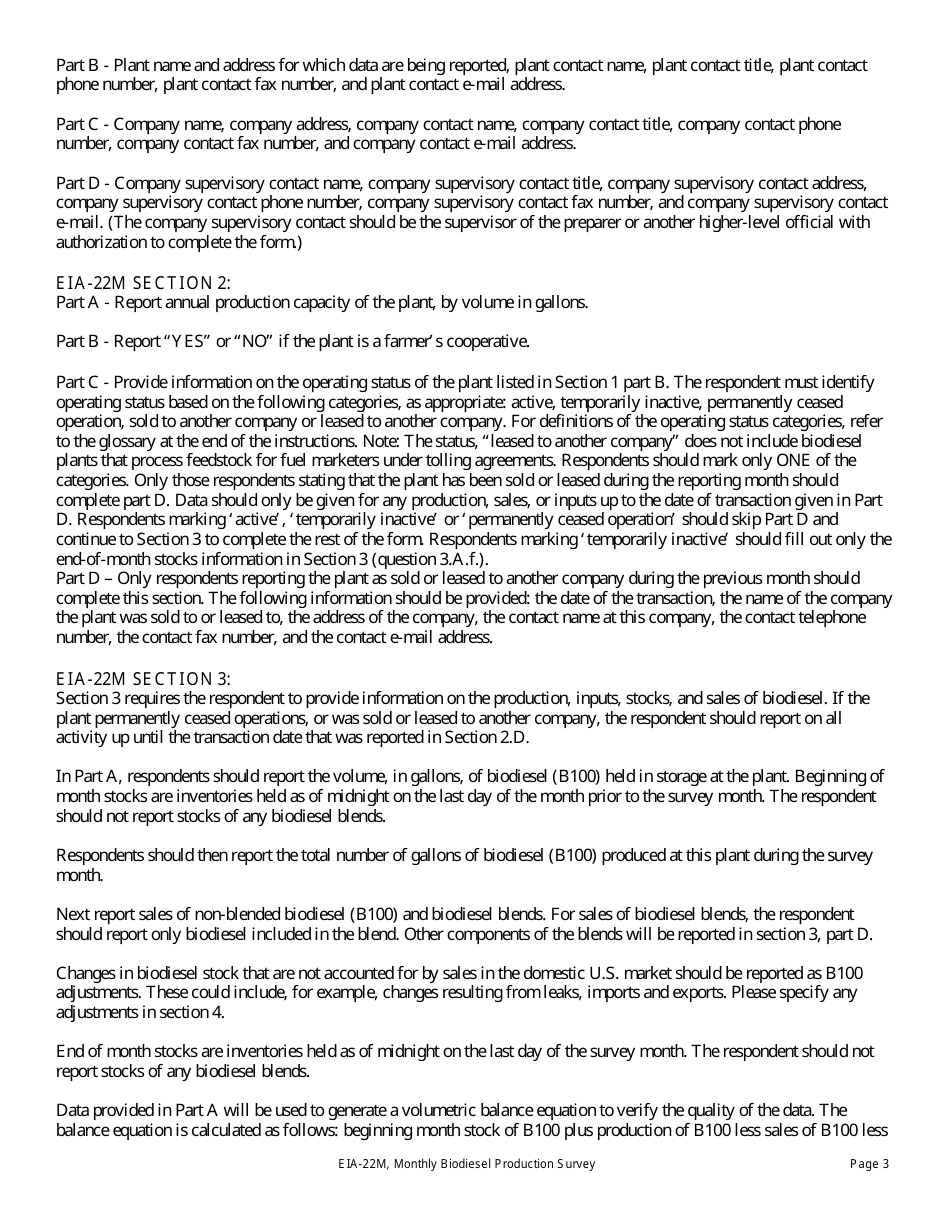 Instructions for Form EIA-22M Monthly Biodiesel Production Survey, Page 3