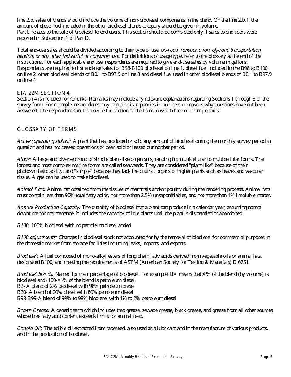Instructions for Form EIA-22M Monthly Biodiesel Production Survey, Page 5