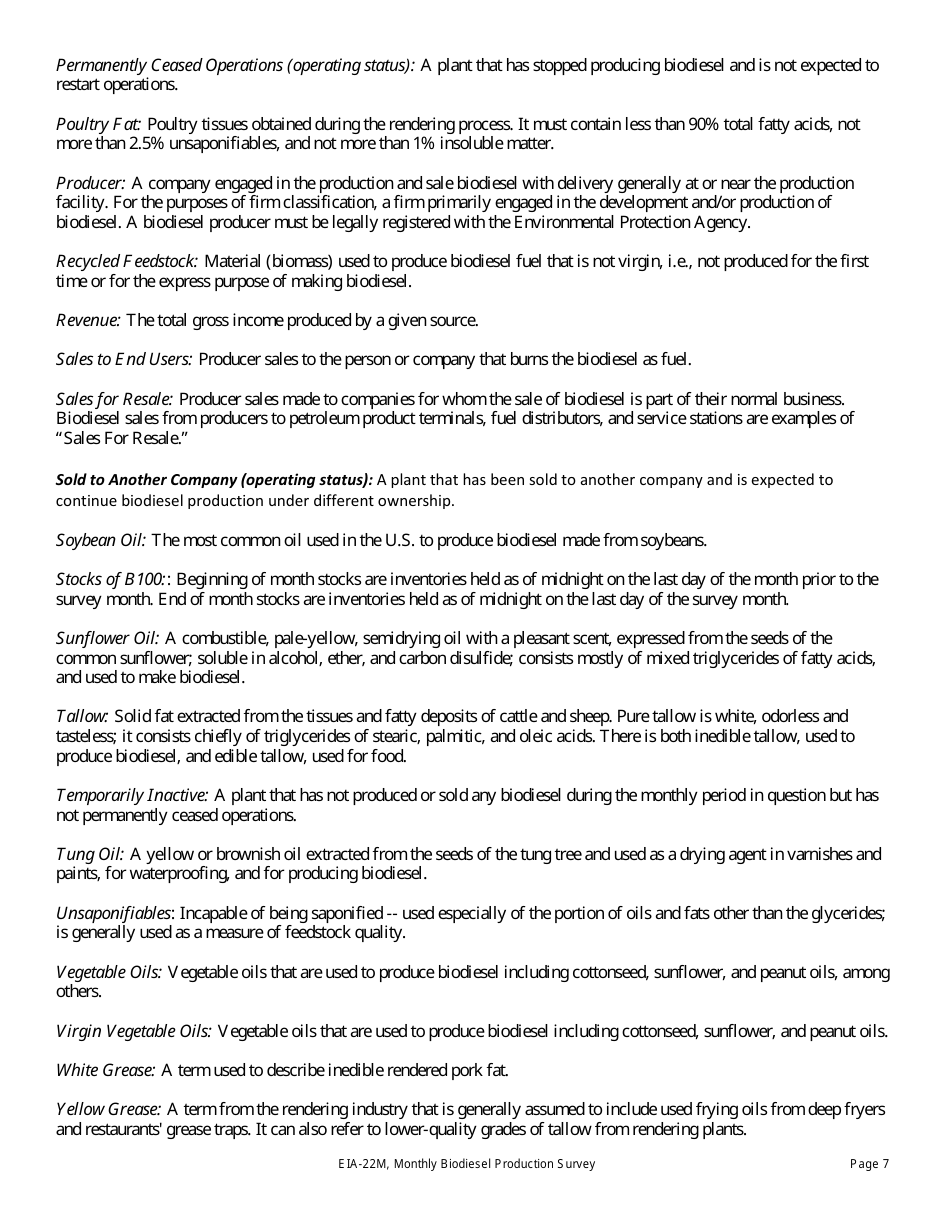 Instructions for Form EIA-22M Monthly Biodiesel Production Survey, Page 7