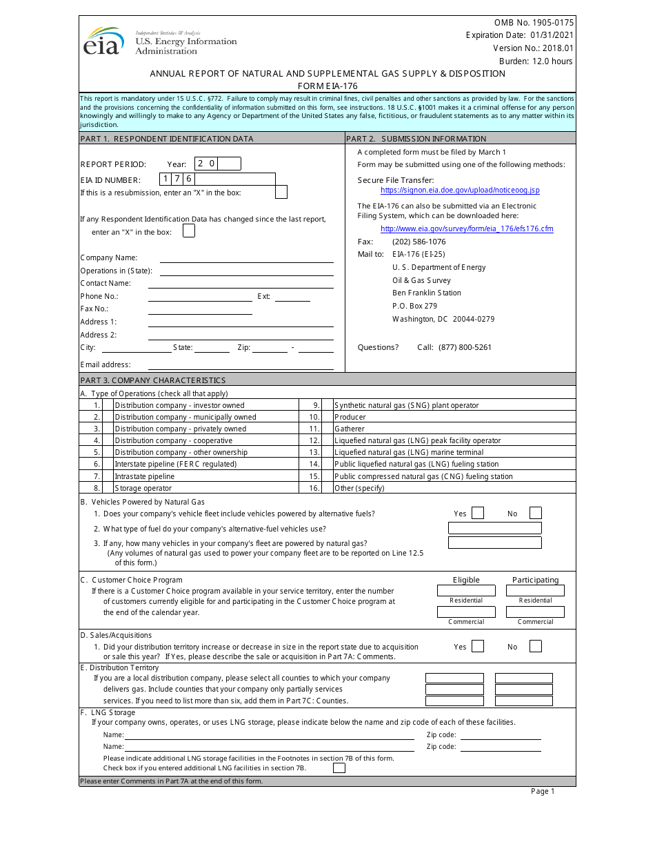 Form EIA-176 Annual Report of Natural and Supplemental Gas Supply and Disposition, Page 1
