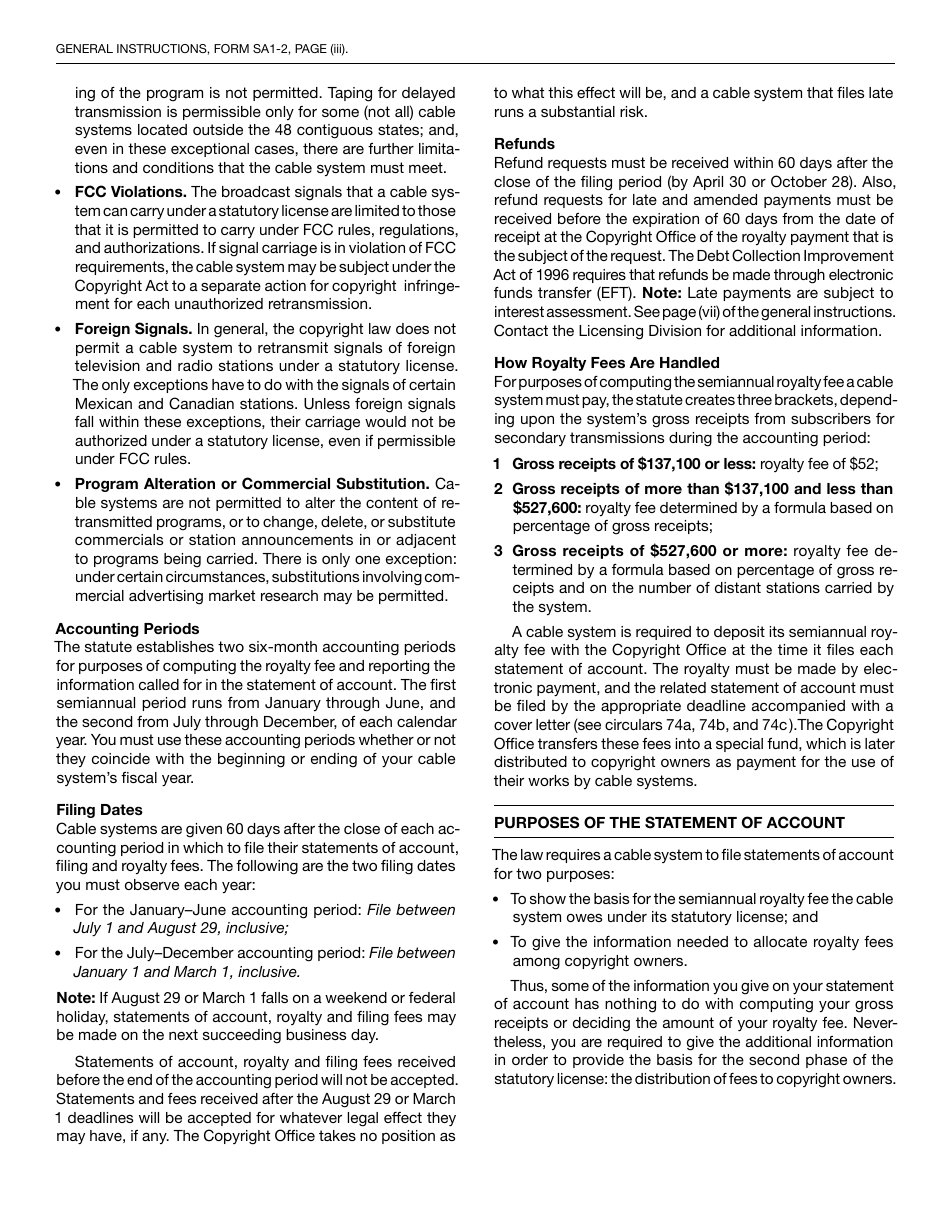 Form SA1-2 Statement of Account for Secondary Transmissions by Cable Systems (Short Form), Page 14