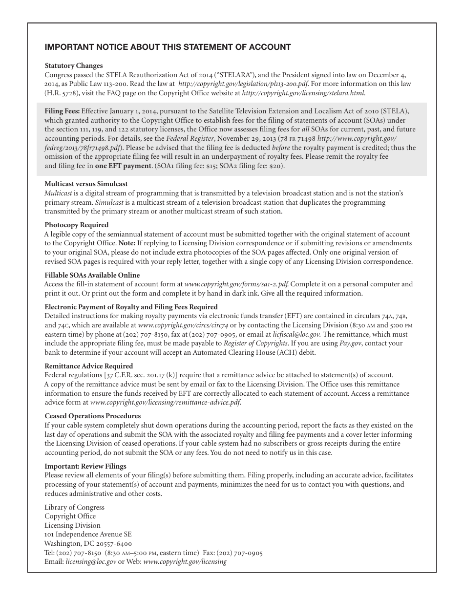 Form SA1-2 Statement of Account for Secondary Transmissions by Cable Systems (Short Form), Page 2