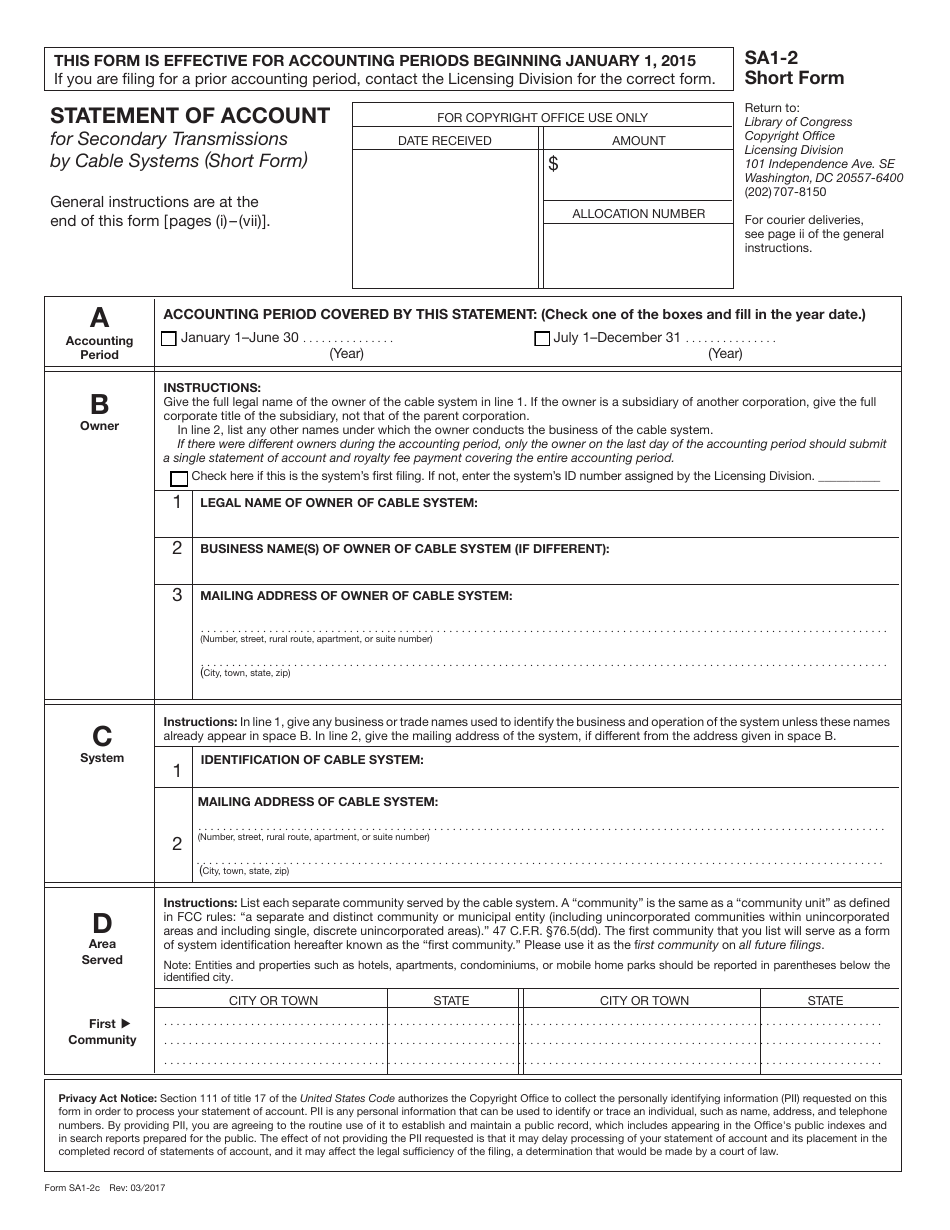 Form SA1-2 Statement of Account for Secondary Transmissions by Cable Systems (Short Form), Page 3