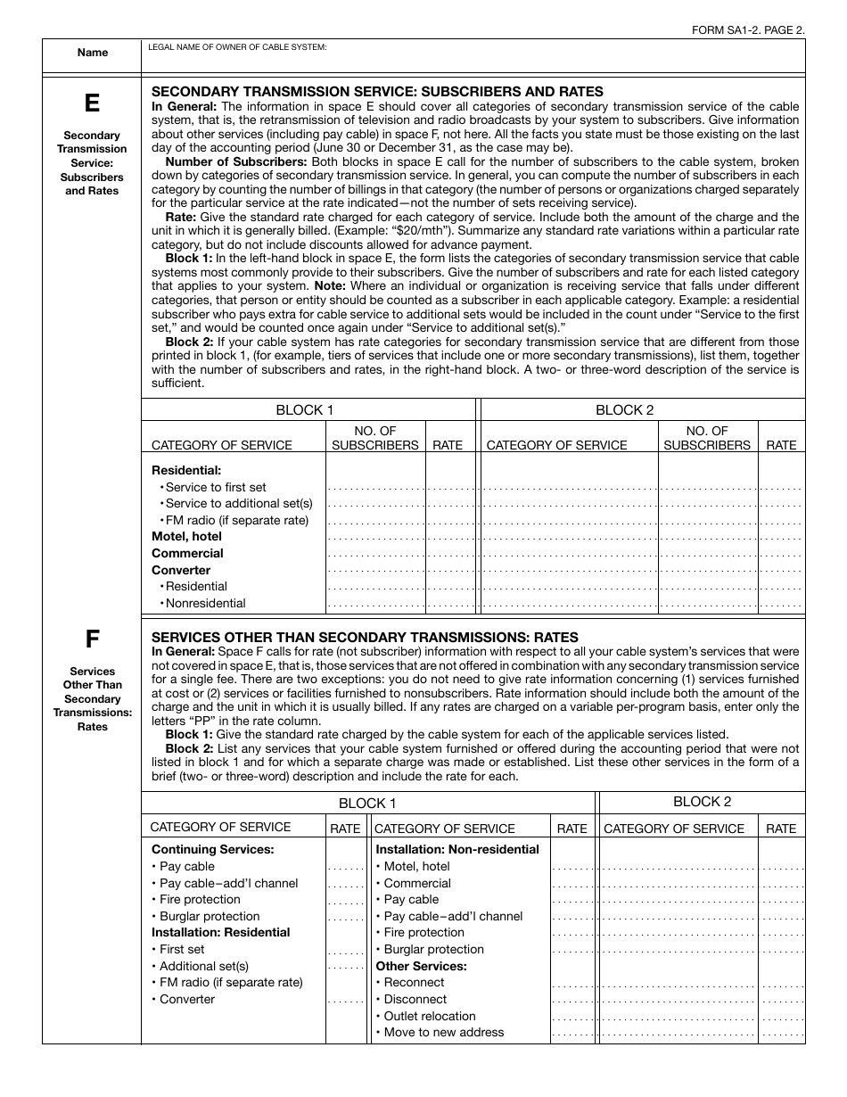 Form SA1-2 Statement of Account for Secondary Transmissions by Cable Systems (Short Form), Page 5