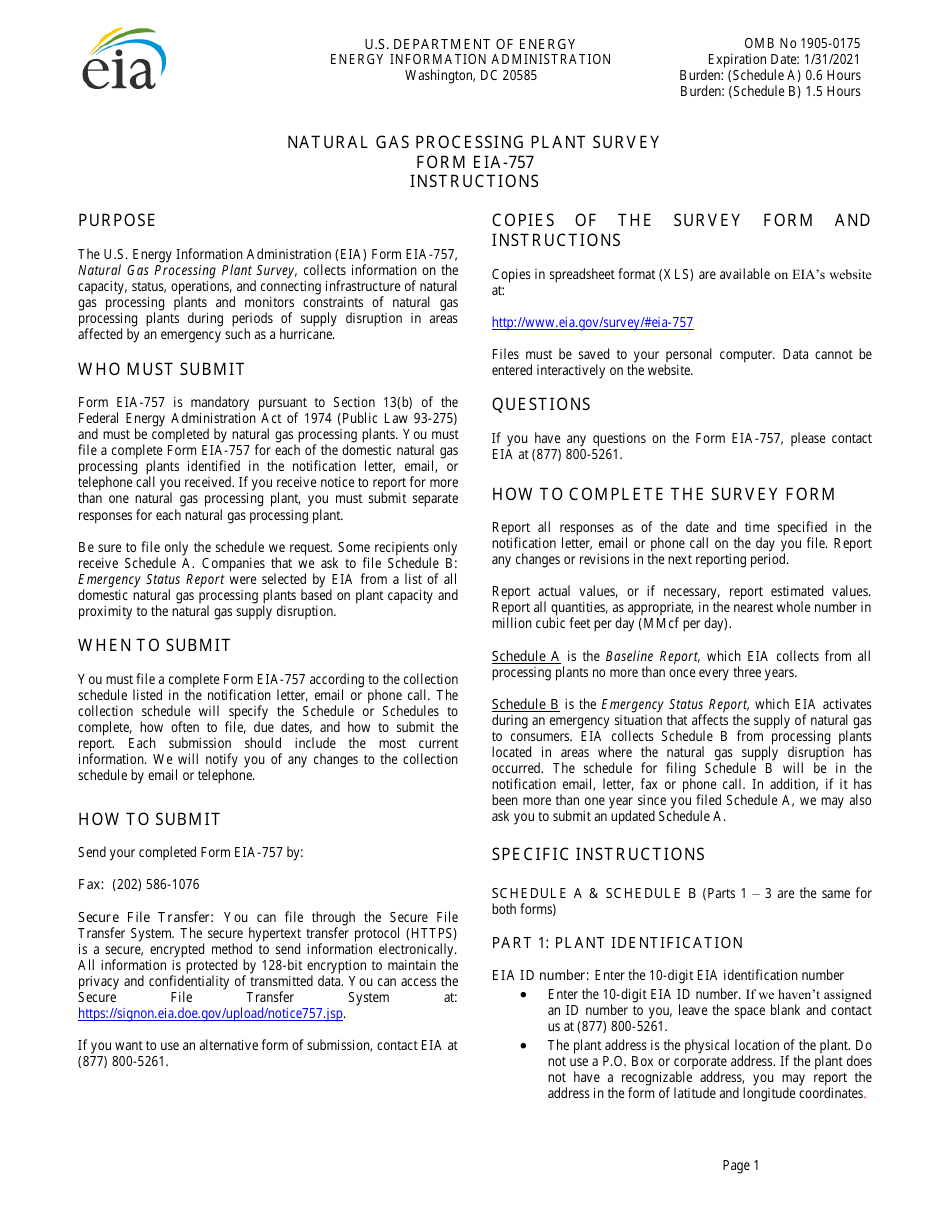 Instructions for Form EIA-757 Natural Gas Processing Plant Survey, Page 1