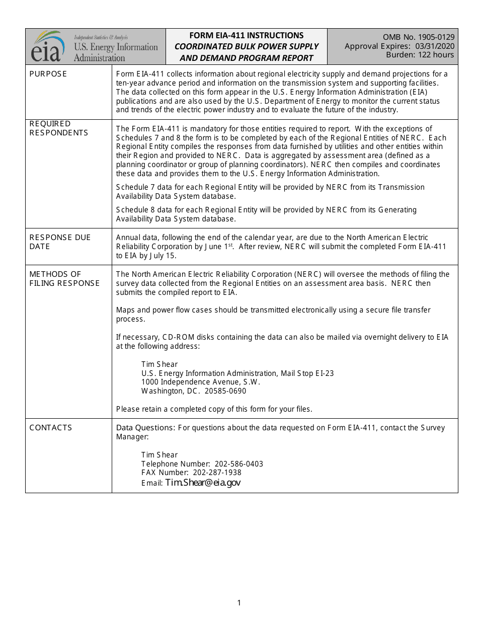 Instructions for Form EIA-411 Coordinated Bulk Power Supply and Demand Program Report, Page 1