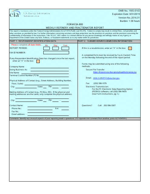 Form EIA-800  Printable Pdf