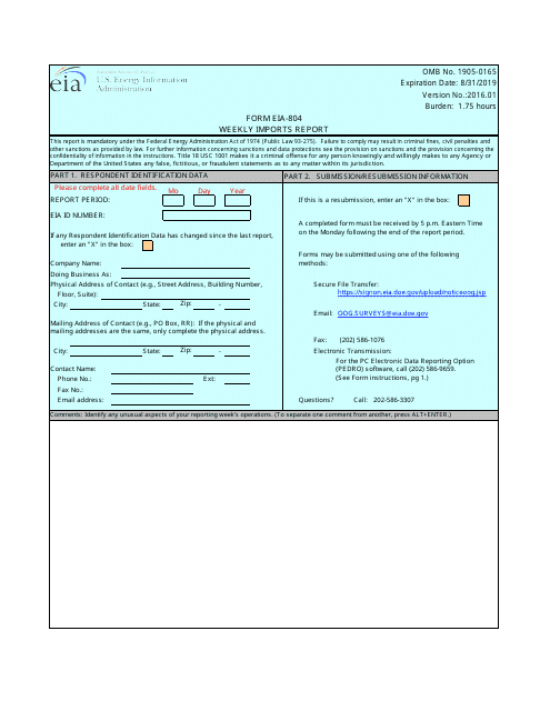 Form EIA-804  Printable Pdf