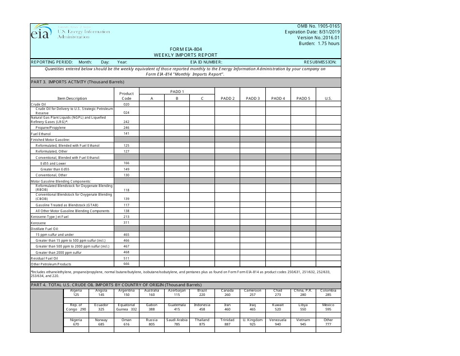 Form EIA-804 Weekly Imports Report, Page 2