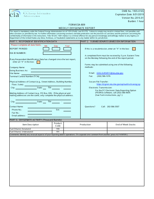 Form EIA-809 Weekly Oxygenate Report