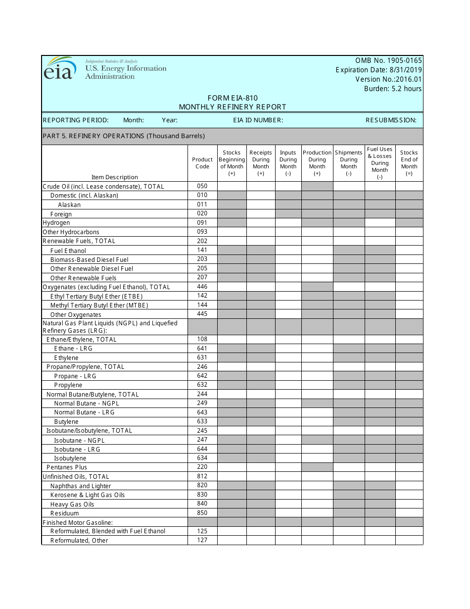 Form EIA-810 Monthly Refinery Report, Page 2