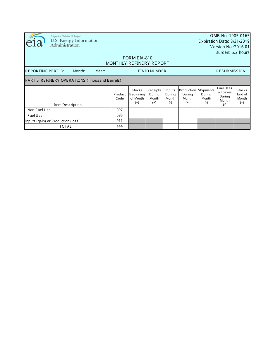 Form EIA-810 Monthly Refinery Report, Page 4