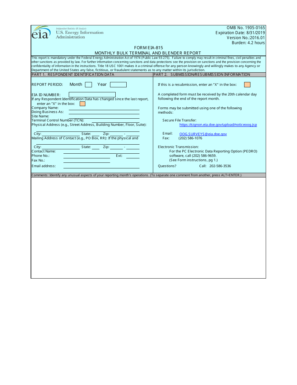 Form EIA-815 Monthly Bulk Terminal and Blender Report, Page 1