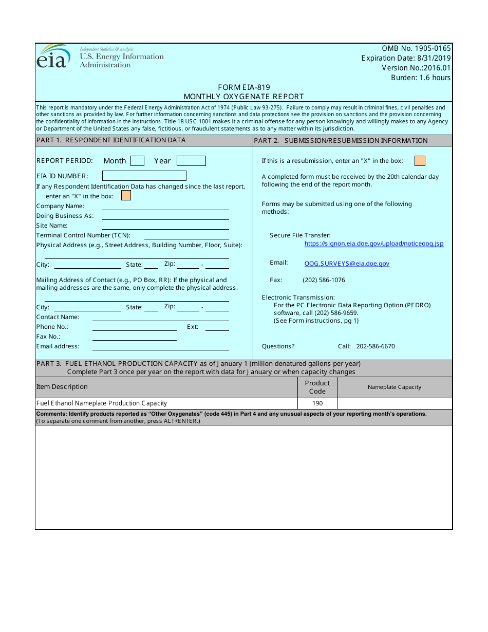 Form EIA-819 Monthly Oxygenate Report, Page 1