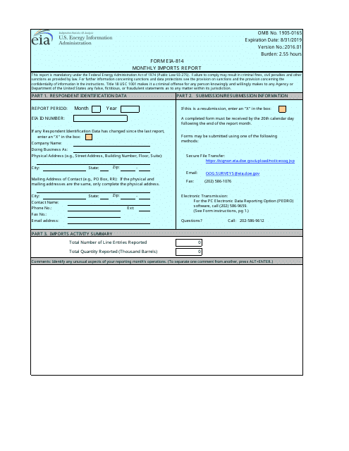 Form EIA-814  Printable Pdf