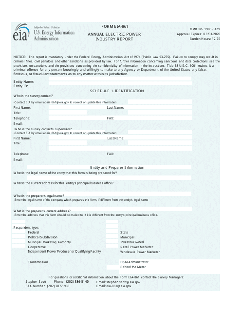 Form EIA-861  Printable Pdf