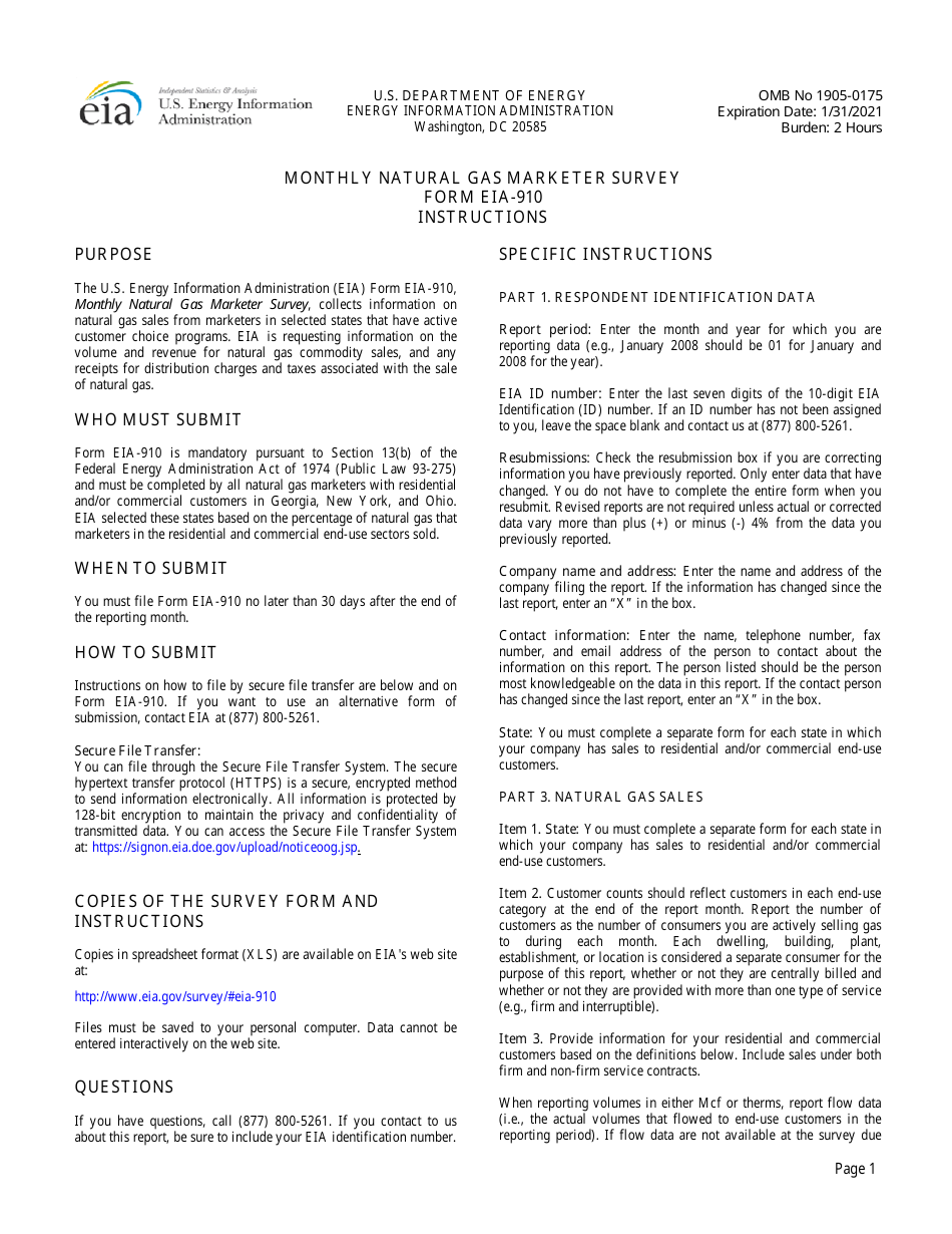 Instructions for Form EIA-910 Monthly Natural Gas Marketer Survey, Page 1