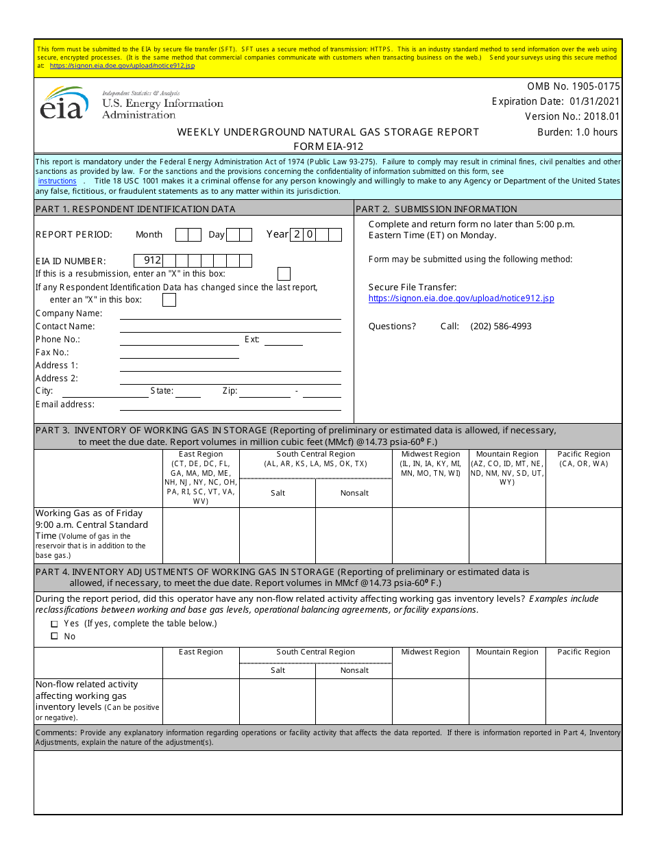 Form EIA-912 Weekly Underground Natural Gas Storage Report, Page 1