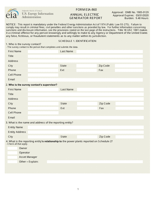 Form EIA-860  Printable Pdf