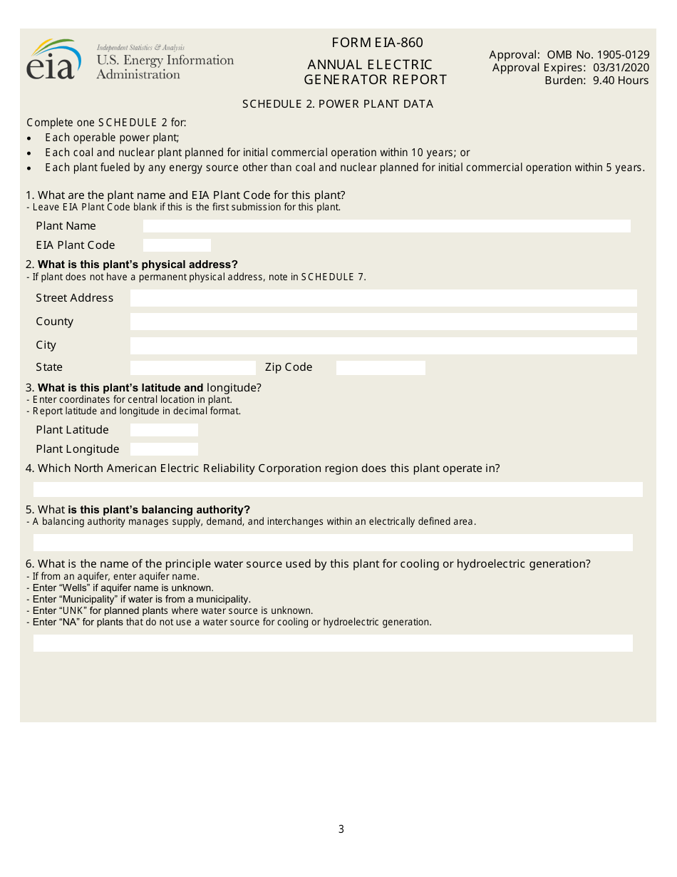 Form EIA-860 Annual Electric Generator Report, Page 3
