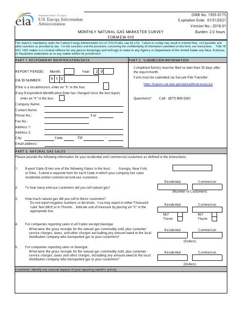 Form EIA-910  Printable Pdf