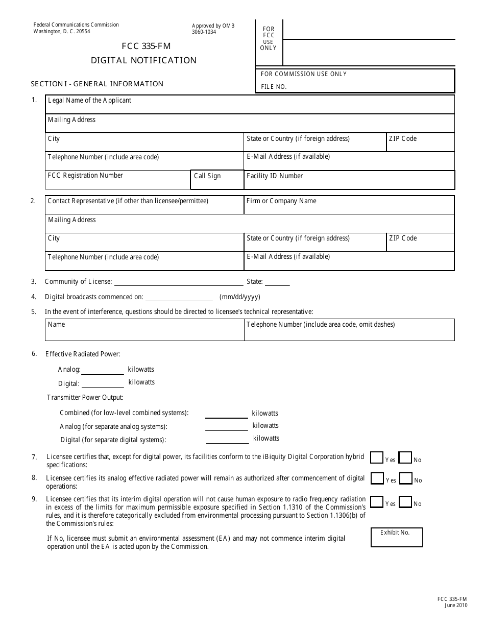 FCC Form 335-FM Fm Digital Notification, Page 1