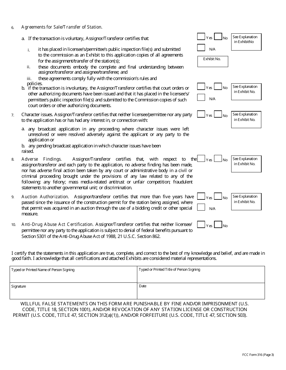 FCC Form 316 Application for Consent to Assignment of Radio Broadcast Station Construction Permit or License or Transfer of Control or Corporation Holding Radio Broadcast Station Construction Permit or License, Page 16