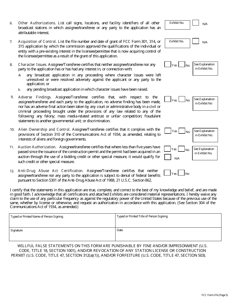 FCC Form 316 Application for Consent to Assignment of Radio Broadcast Station Construction Permit or License or Transfer of Control or Corporation Holding Radio Broadcast Station Construction Permit or License, Page 18
