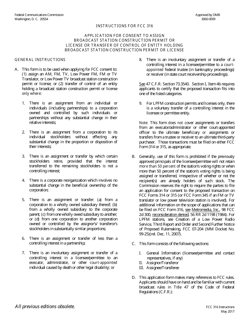 FCC Form 316 Application for Consent to Assignment of Radio Broadcast Station Construction Permit or License or Transfer of Control or Corporation Holding Radio Broadcast Station Construction Permit or License, Page 1