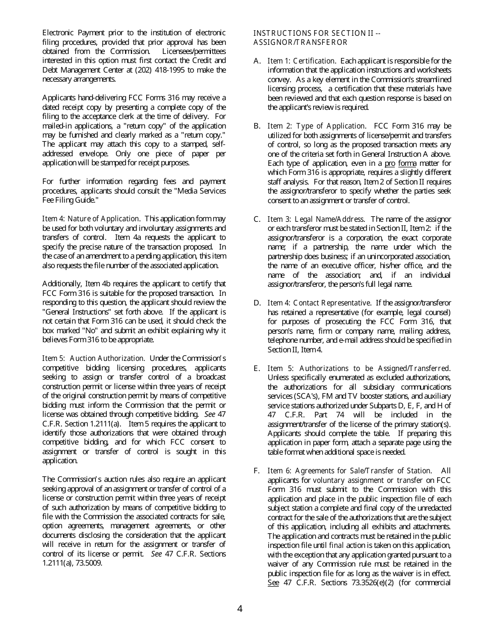 FCC Form 316 Application for Consent to Assignment of Radio Broadcast Station Construction Permit or License or Transfer of Control or Corporation Holding Radio Broadcast Station Construction Permit or License, Page 4