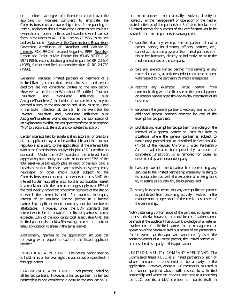 FCC Form 316 Application for Consent to Assignment of Radio Broadcast Station Construction Permit or License or Transfer of Control or Corporation Holding Radio Broadcast Station Construction Permit or License, Page 6