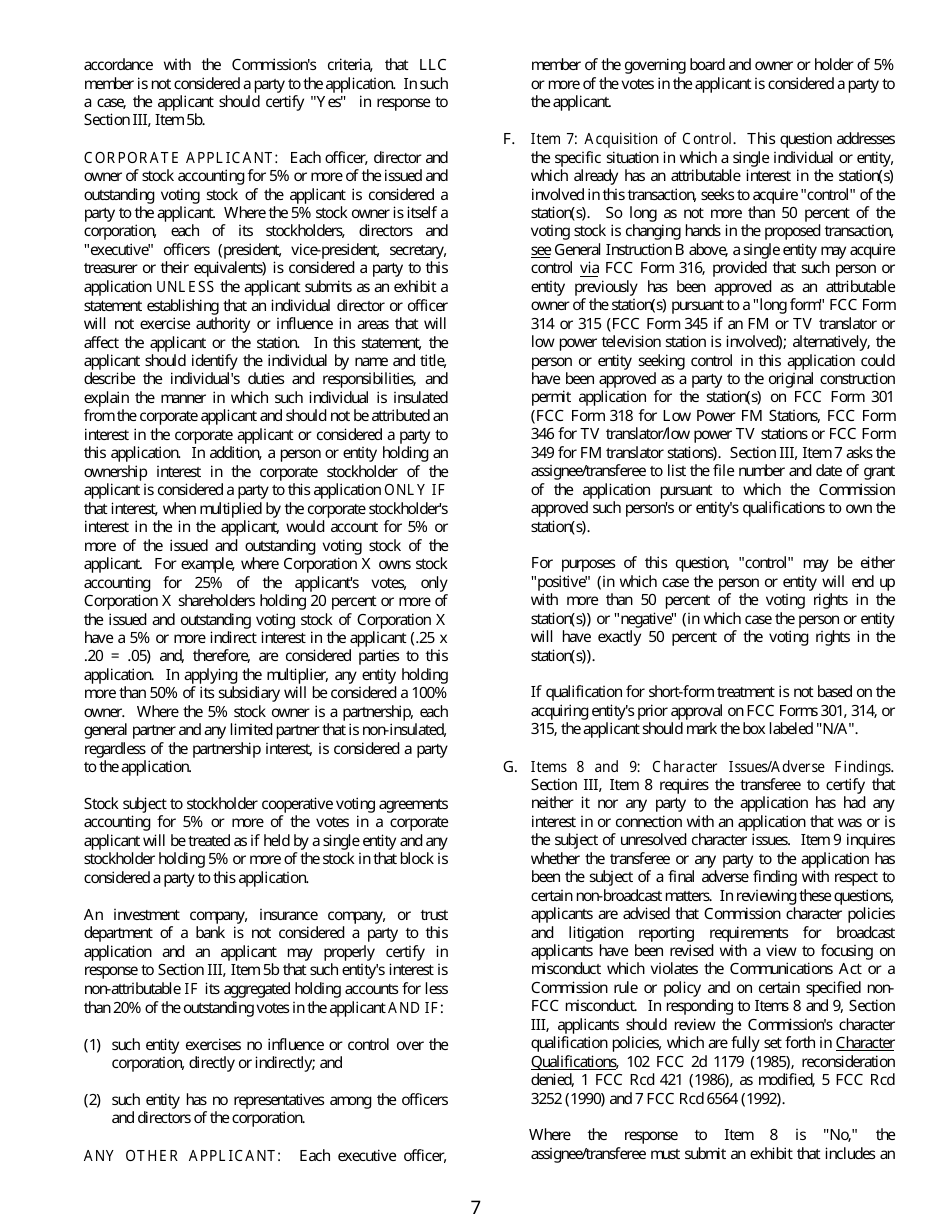 FCC Form 316 Application for Consent to Assignment of Radio Broadcast Station Construction Permit or License or Transfer of Control or Corporation Holding Radio Broadcast Station Construction Permit or License, Page 7