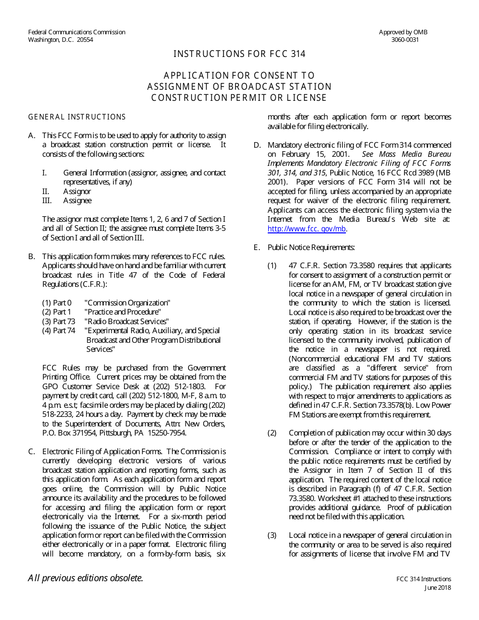 FCC Form 314 Application for Consent to Assignment of Broadcast Station Construction Permit or License, Page 1