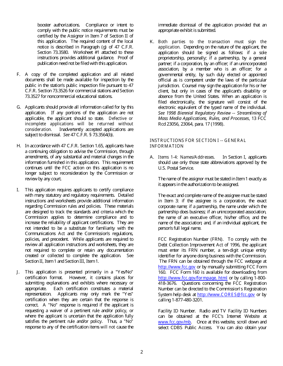 FCC Form 314 Application for Consent to Assignment of Broadcast Station Construction Permit or License, Page 2