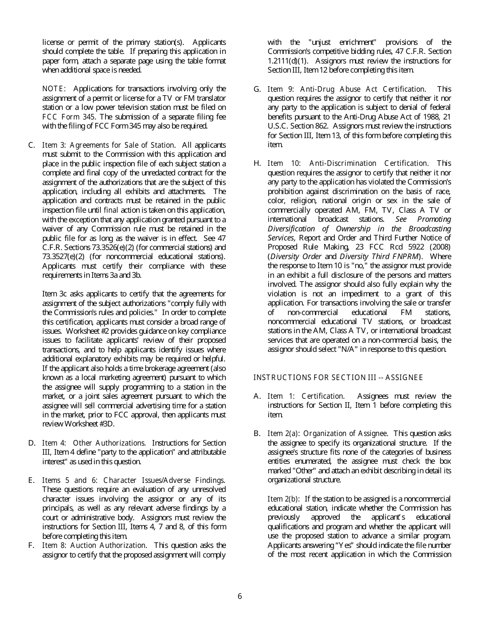 FCC Form 314 Application for Consent to Assignment of Broadcast Station Construction Permit or License, Page 6