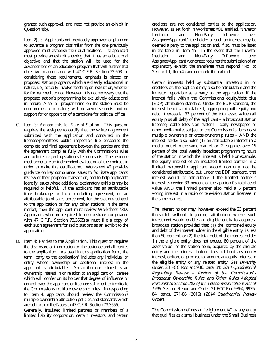 FCC Form 314 Application for Consent to Assignment of Broadcast Station Construction Permit or License, Page 7
