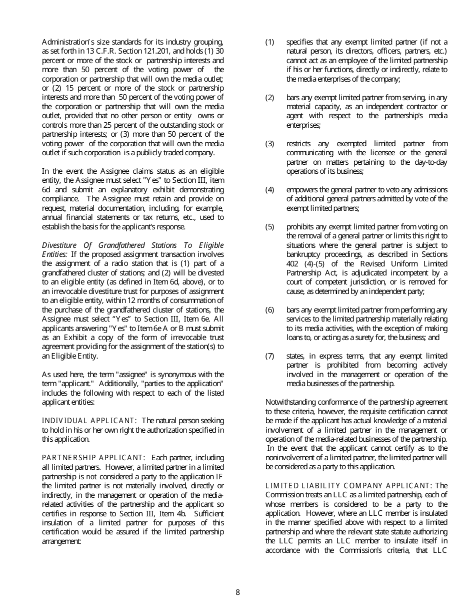 FCC Form 314 Application for Consent to Assignment of Broadcast Station Construction Permit or License, Page 8