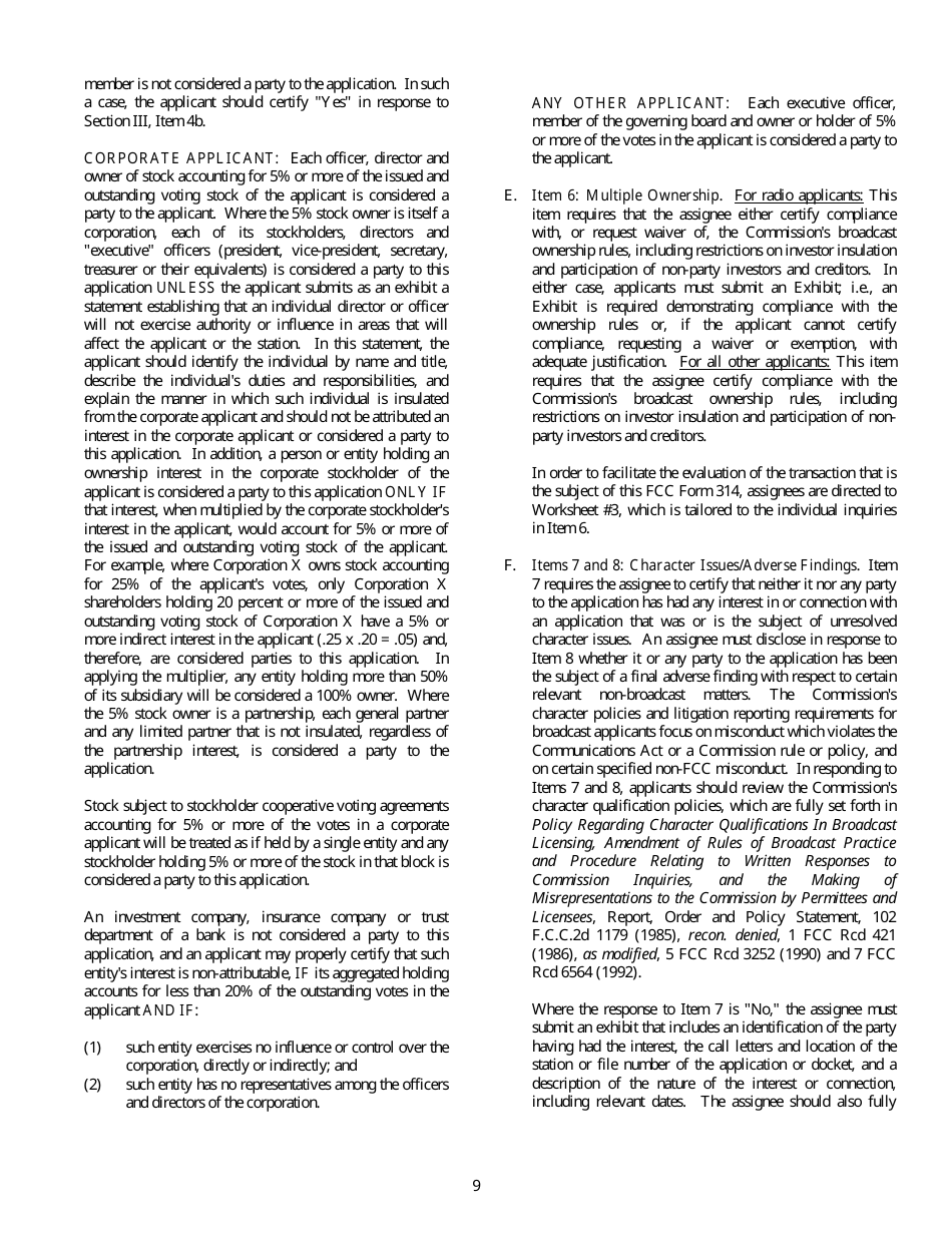 FCC Form 314 Application for Consent to Assignment of Broadcast Station Construction Permit or License, Page 9