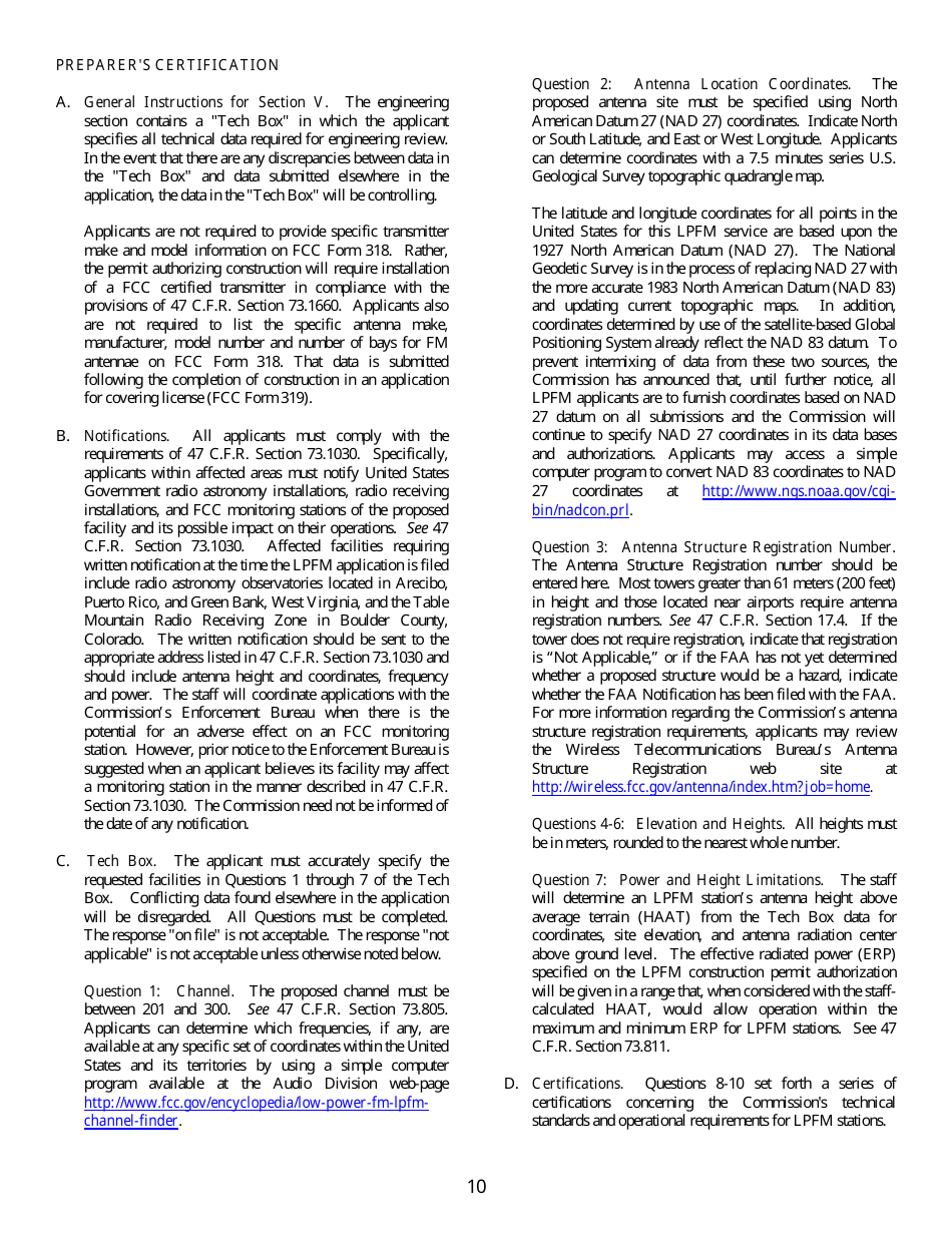 FCC Form 318 Application for Construction Permit for a Low Power Fm Broadcast Station, Page 10