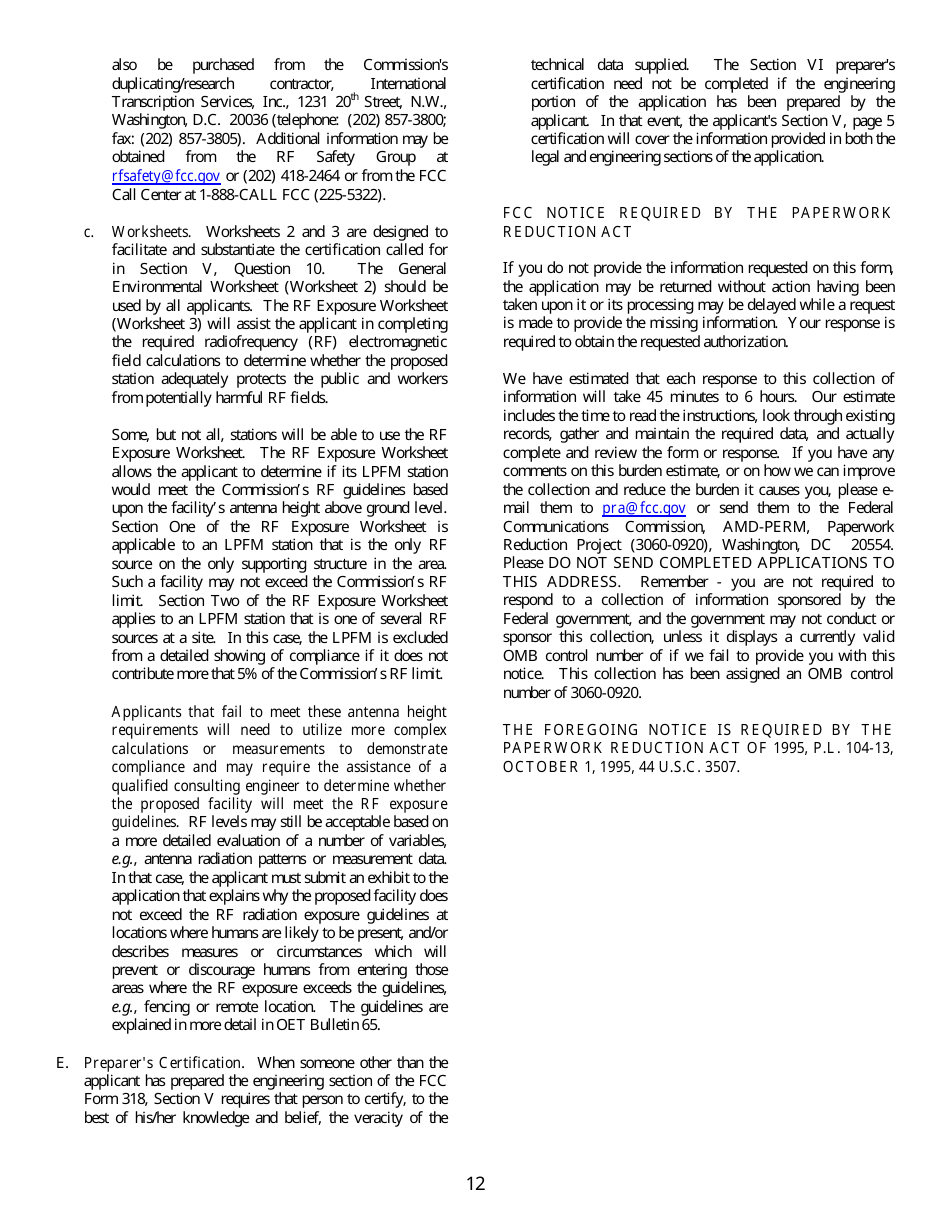 FCC Form 318 Application for Construction Permit for a Low Power Fm Broadcast Station, Page 12