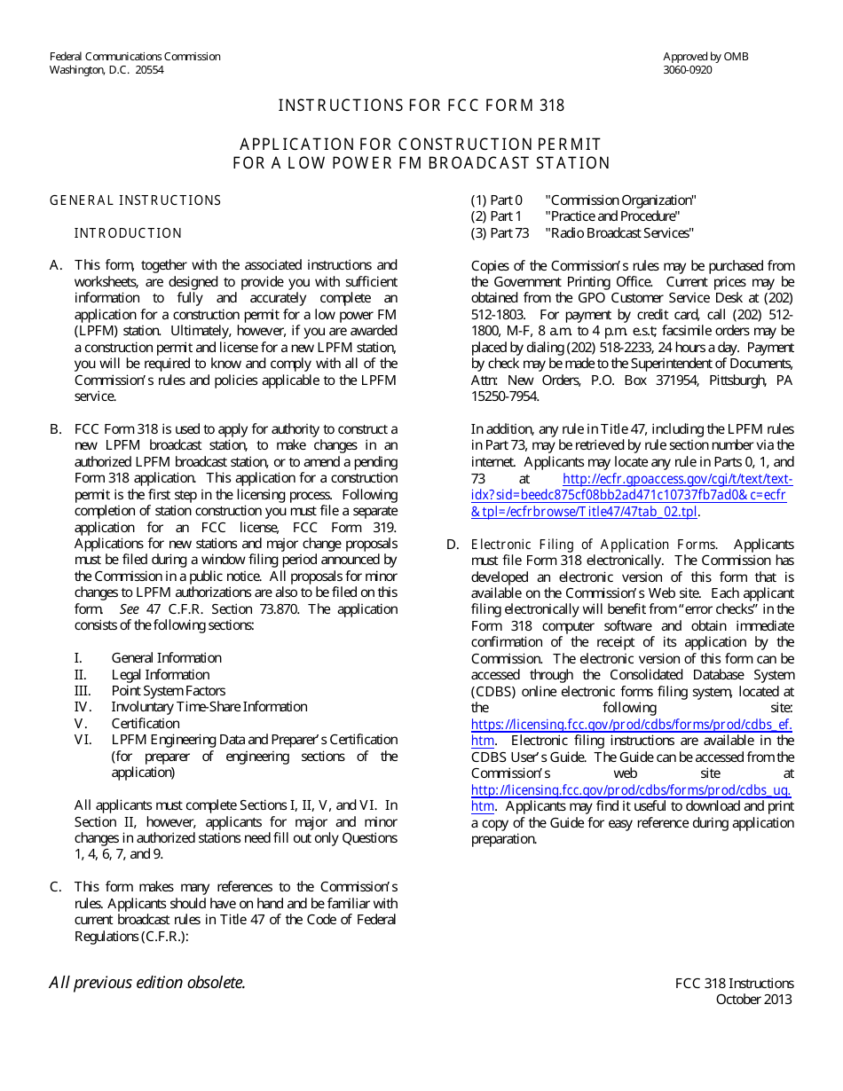 FCC Form 318 Application for Construction Permit for a Low Power Fm Broadcast Station, Page 1