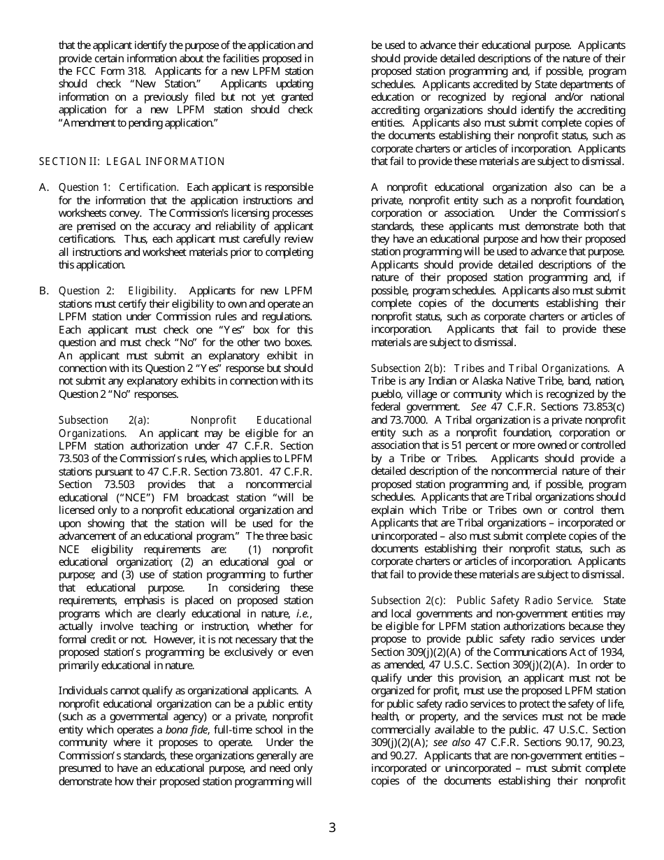 FCC Form 318 Application for Construction Permit for a Low Power Fm Broadcast Station, Page 3