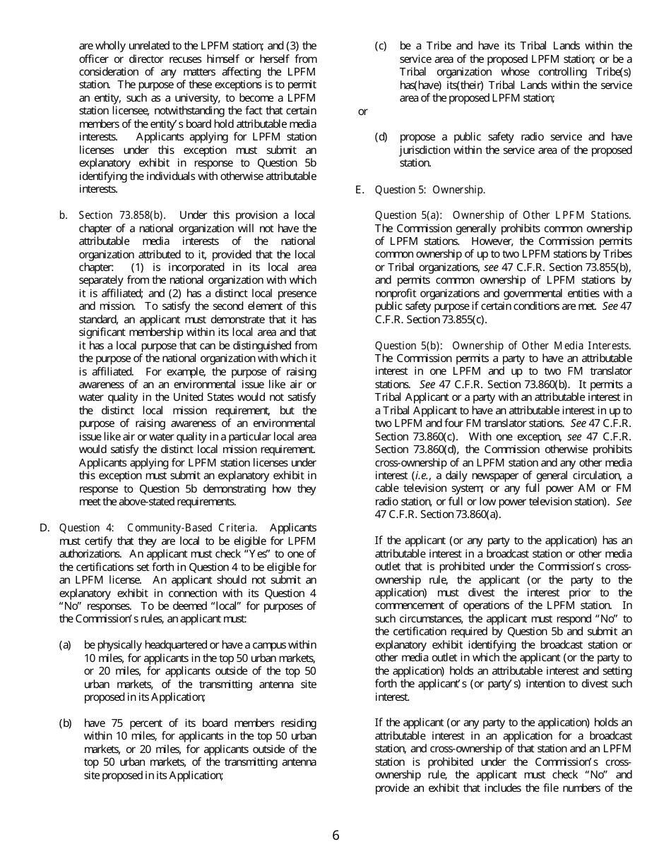 FCC Form 318 Application for Construction Permit for a Low Power Fm Broadcast Station, Page 6