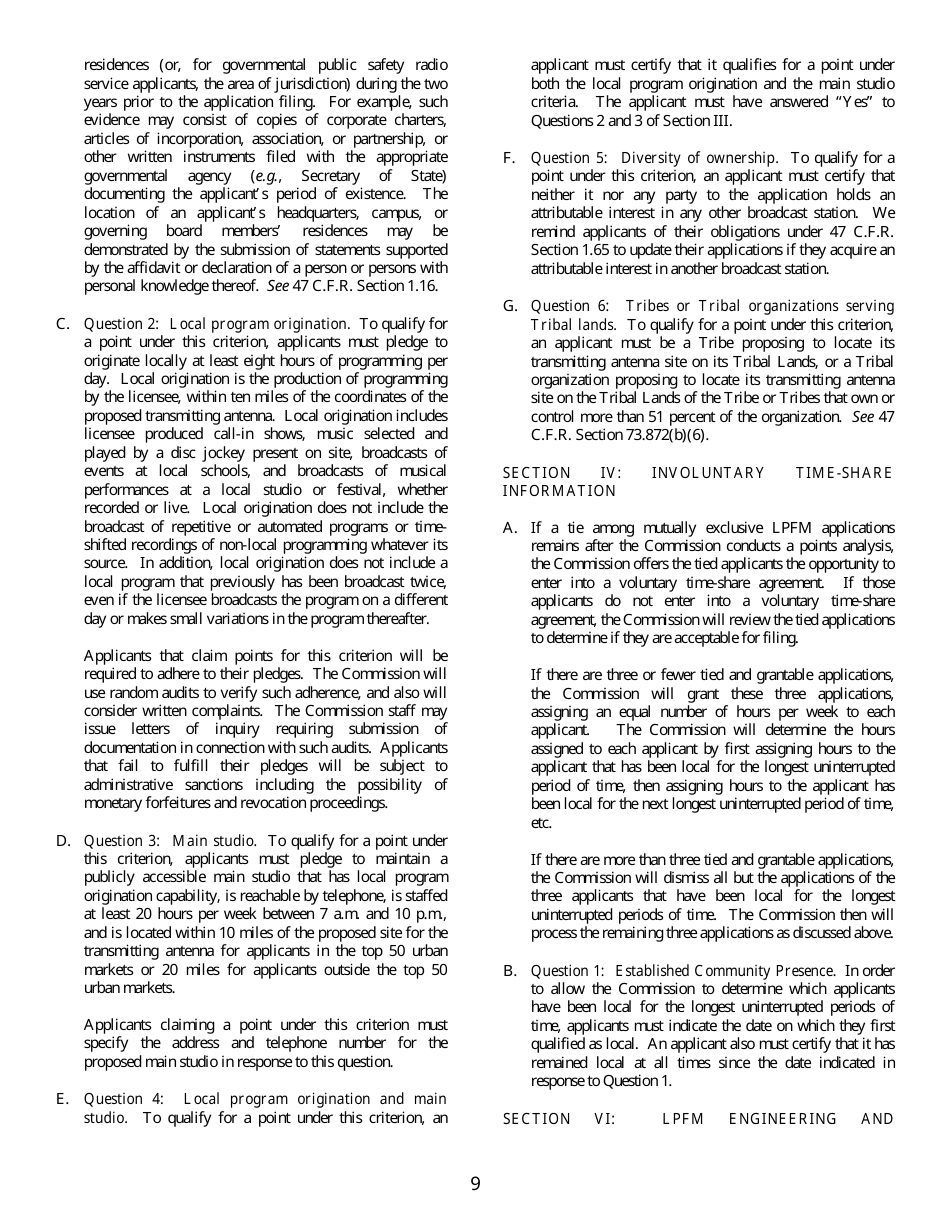 FCC Form 318 Application for Construction Permit for a Low Power Fm Broadcast Station, Page 9