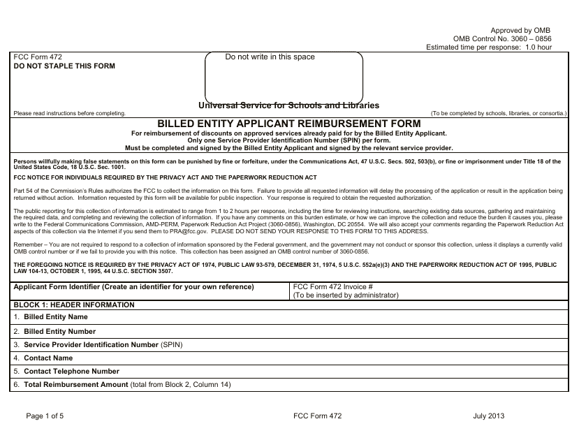 FCC Form 472 Billed Entity Applicant Reimbursement Form
