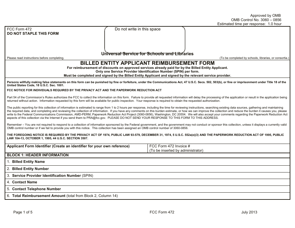 FCC Form 472 Billed Entity Applicant Reimbursement Form, Page 1